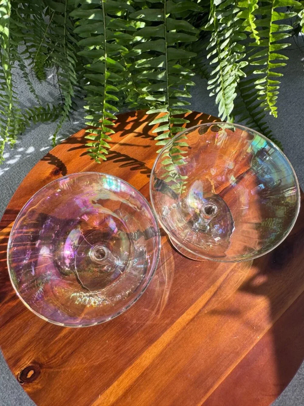 Set of 2 Vintage Fostoria Mother of Pearl Iridescent Champagne Coupe Glasses